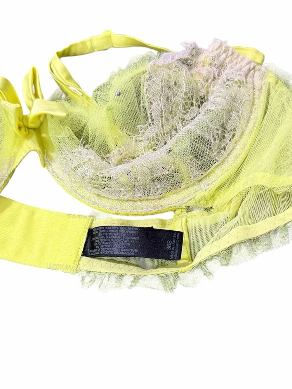 Victoria’s Secret Neon Green Lace Underwire Bra Size 36B Sheer Lingerie